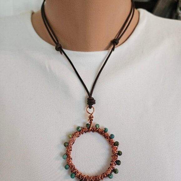 Minimalistic African Turquoise Stones Copper Circle Leather Necklace - Picture 3 of 4